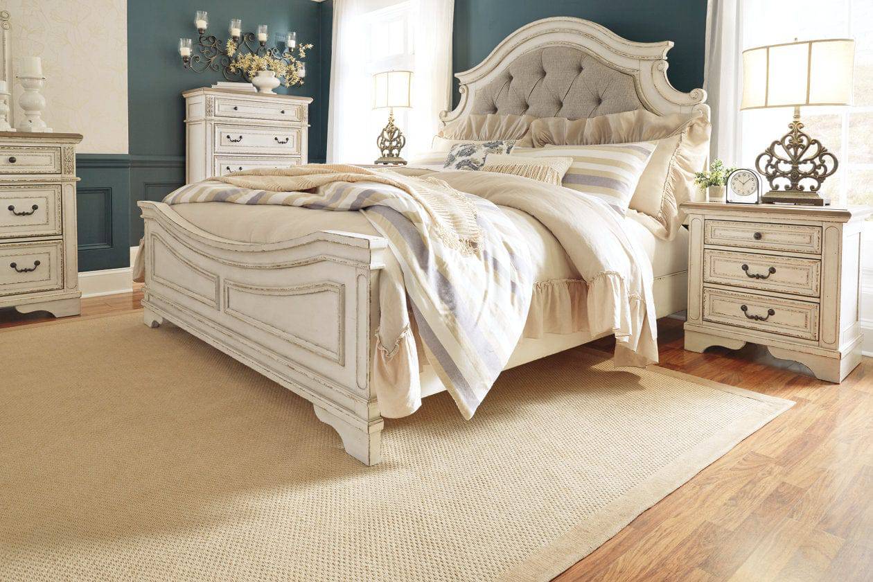 Realyn Chipped White Upholstered Panel Bed - Decohub Home