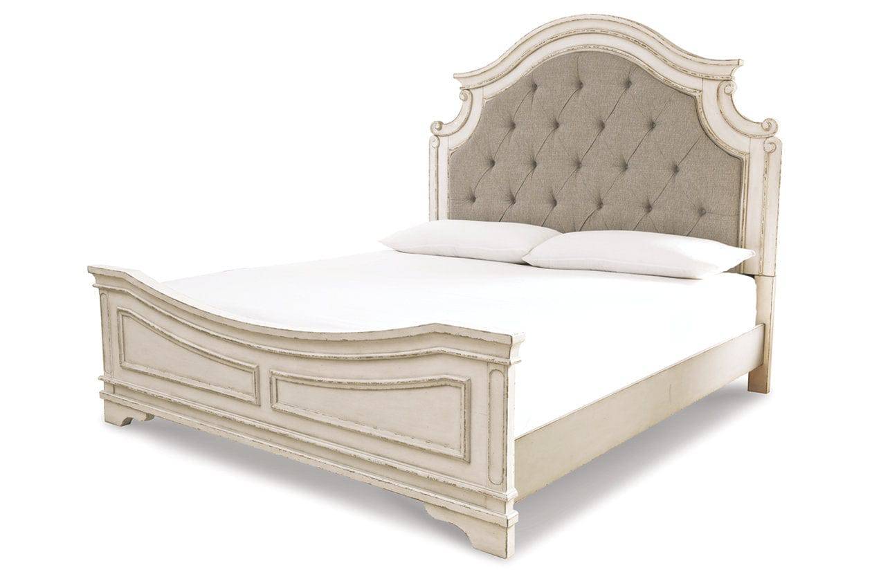 Realyn Chipped White Upholstered Panel Bed - Decohub Home