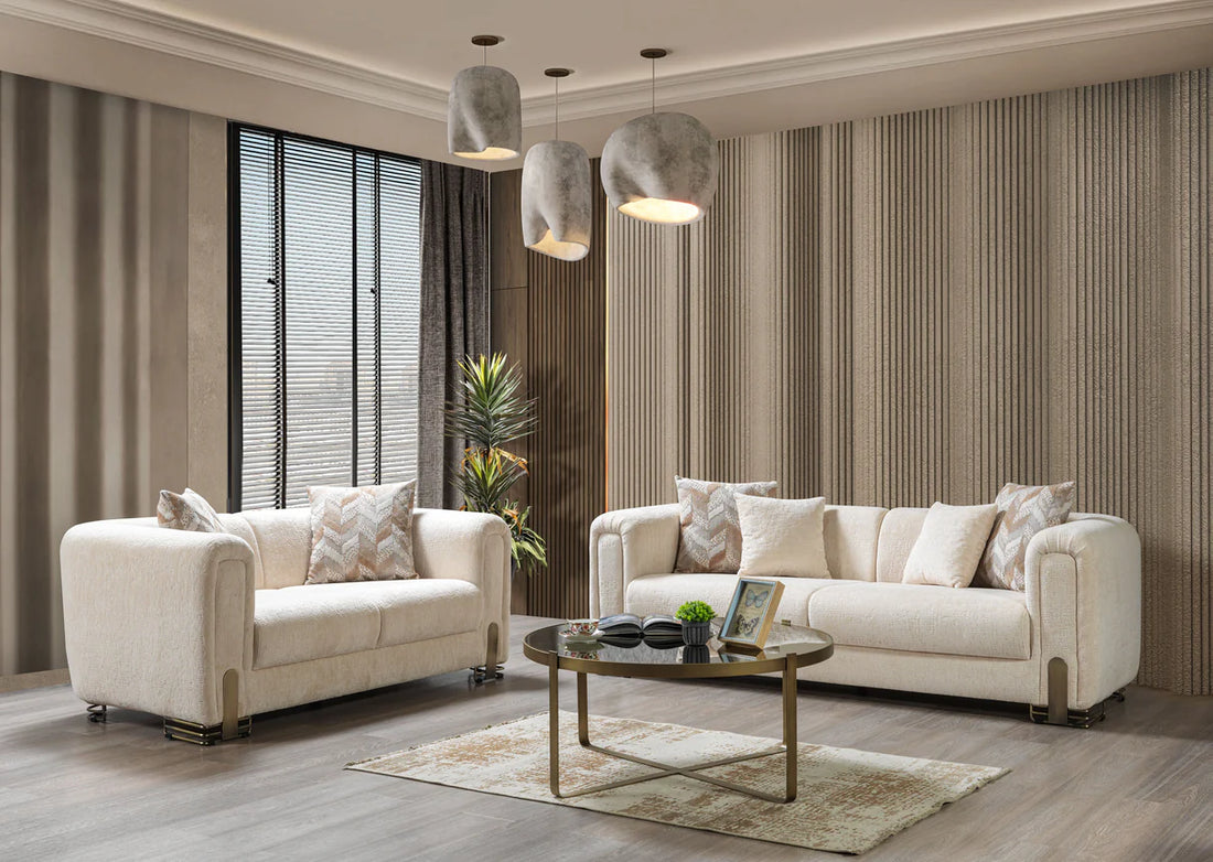 Sofá y loveseat de terciopelo marfil Helena
