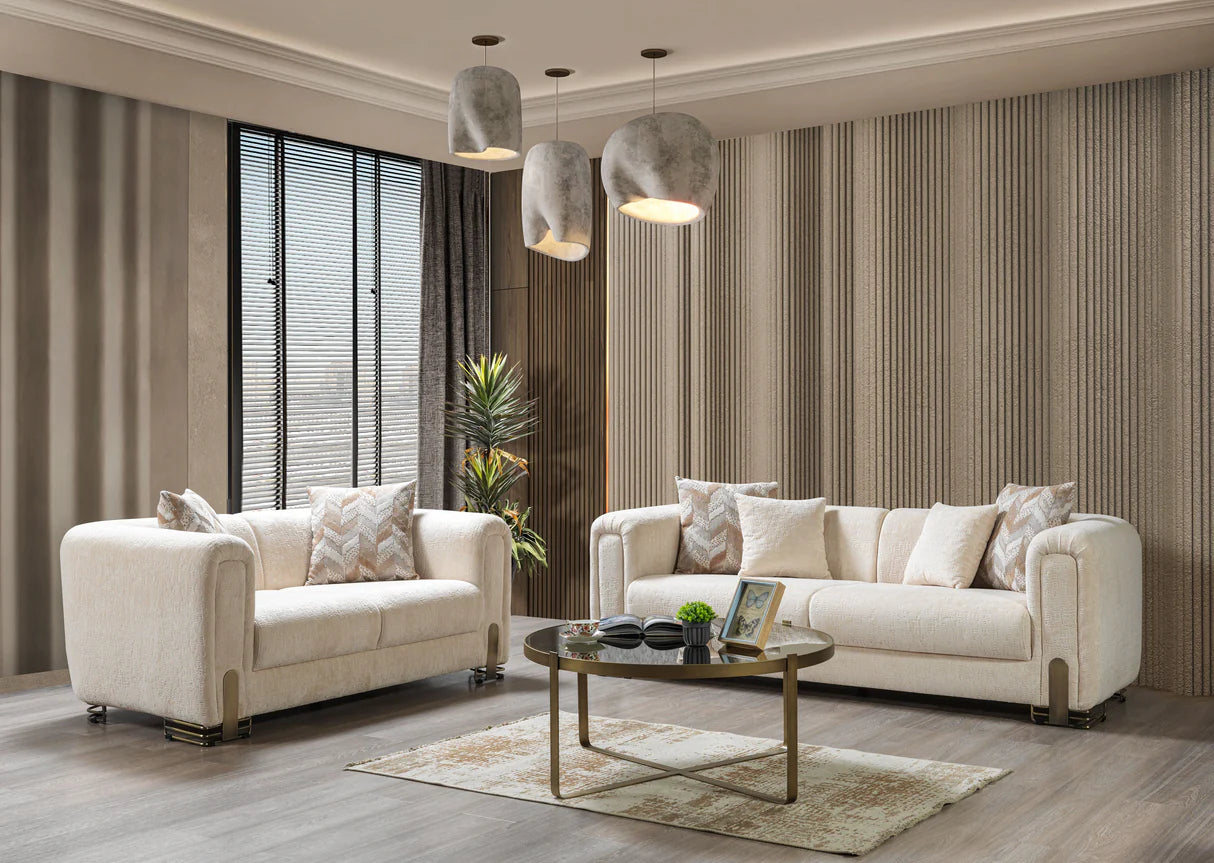 Sofá y loveseat de terciopelo marfil Helena