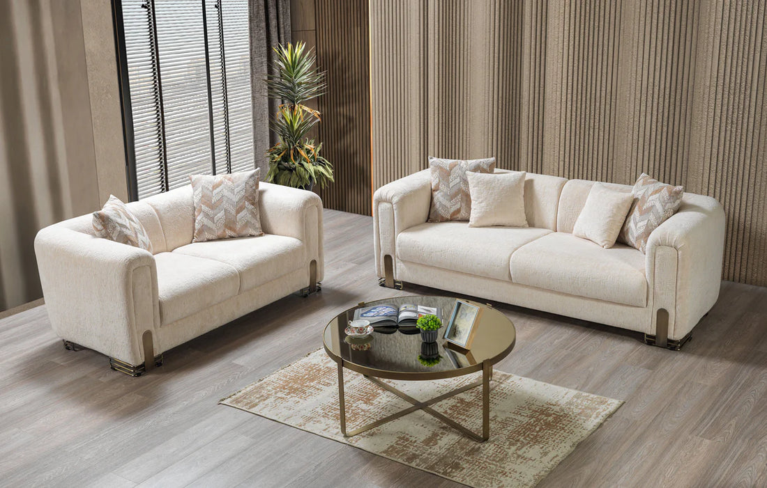 Sofá y loveseat de terciopelo marfil Helena