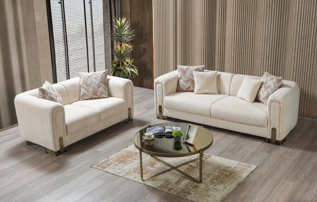 Sofá y loveseat de terciopelo marfil Helena