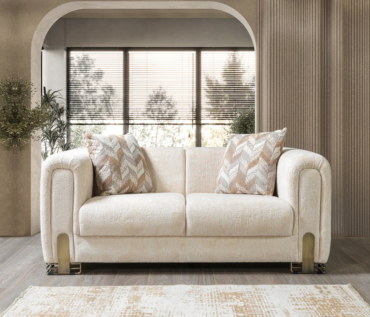 Sofá y loveseat de terciopelo marfil Helena