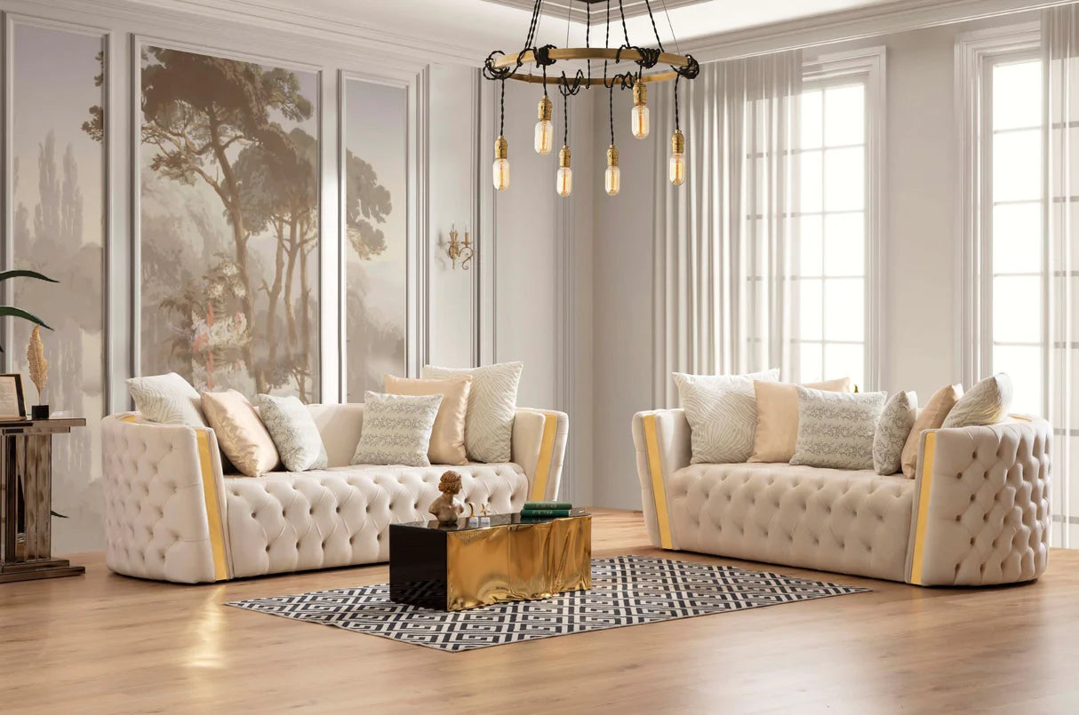Sofá y loveseat de terciopelo marfil Helena