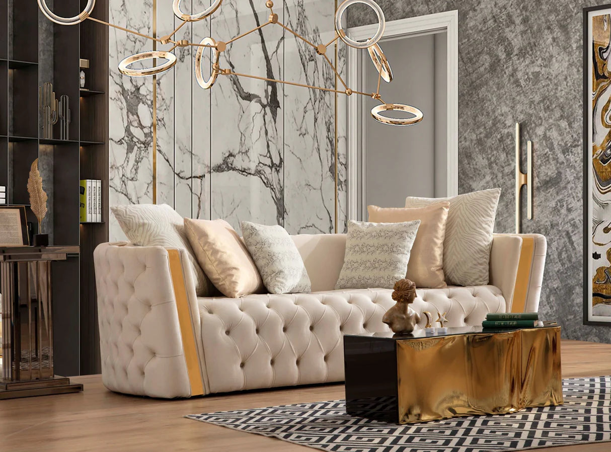 Sofá y loveseat de terciopelo marfil Helena