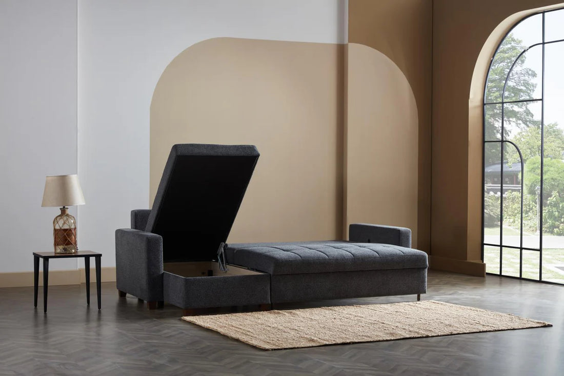Mocca Dupont Anthracite Storage Sleeper Sofa Chaise