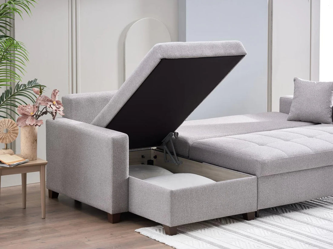 Mocca Dupont Gray Storage Sleeper Sofa Chaise