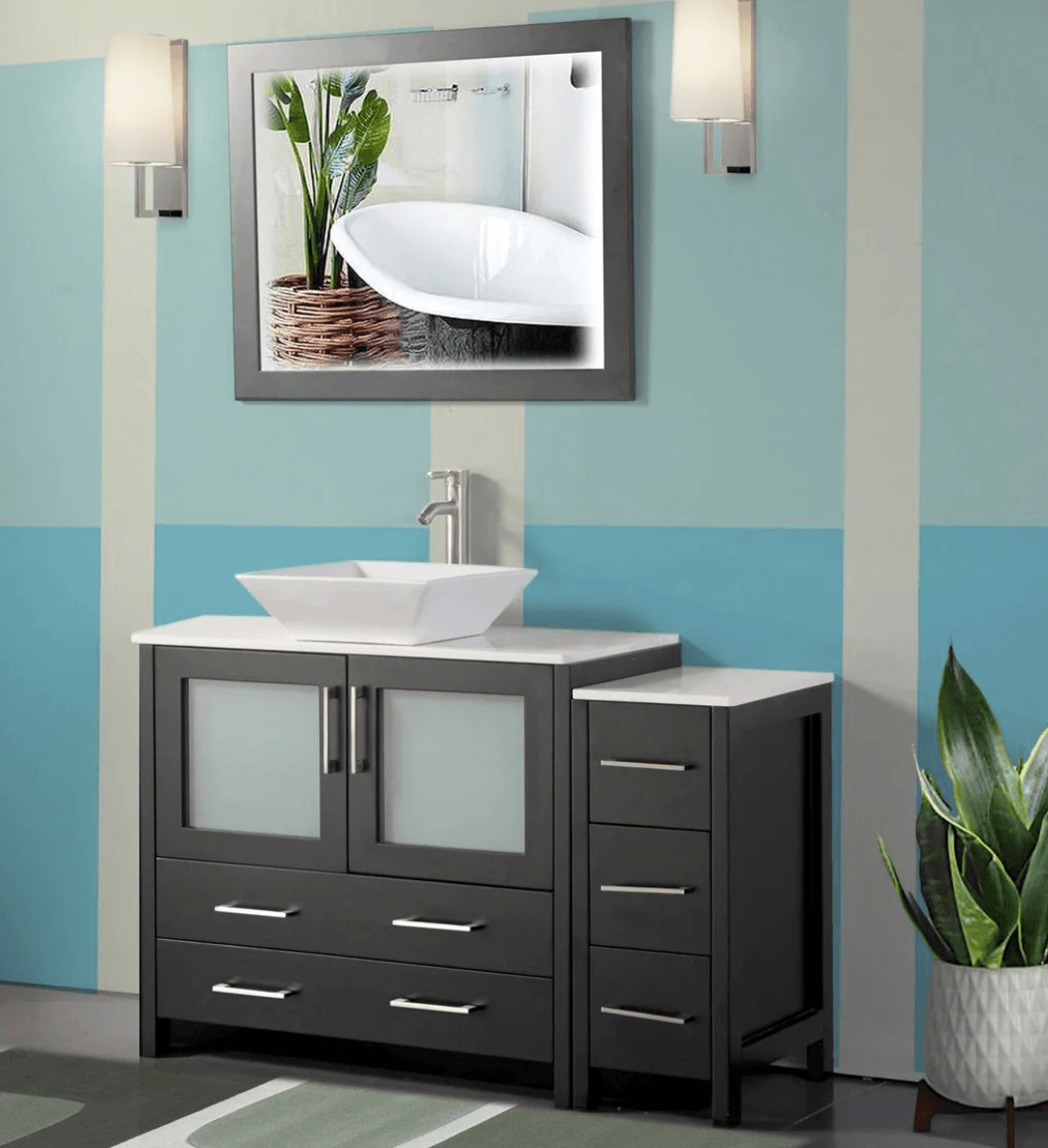 48 in. Single Sink Bathroom Vanity Combo Set 5 Drawers 1 Shelf 2 Cabinet White Quartz Top and Ceramic Vessel Sink Bathroom Cabinet with Free Mirror - Decohub Home