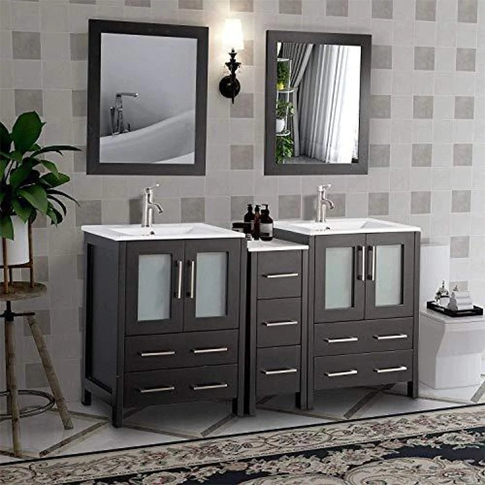 60 in. Double Sink Modern Bathroom Vanity Combo Set in Espresso - Decohub Home