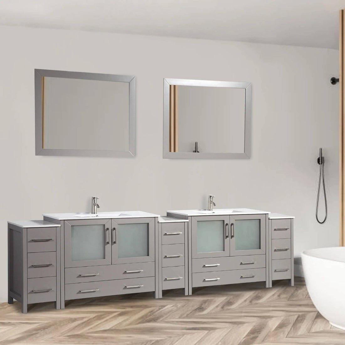 108 in. Double Sink Modern Bathroom Vanity Compact Set in Gray