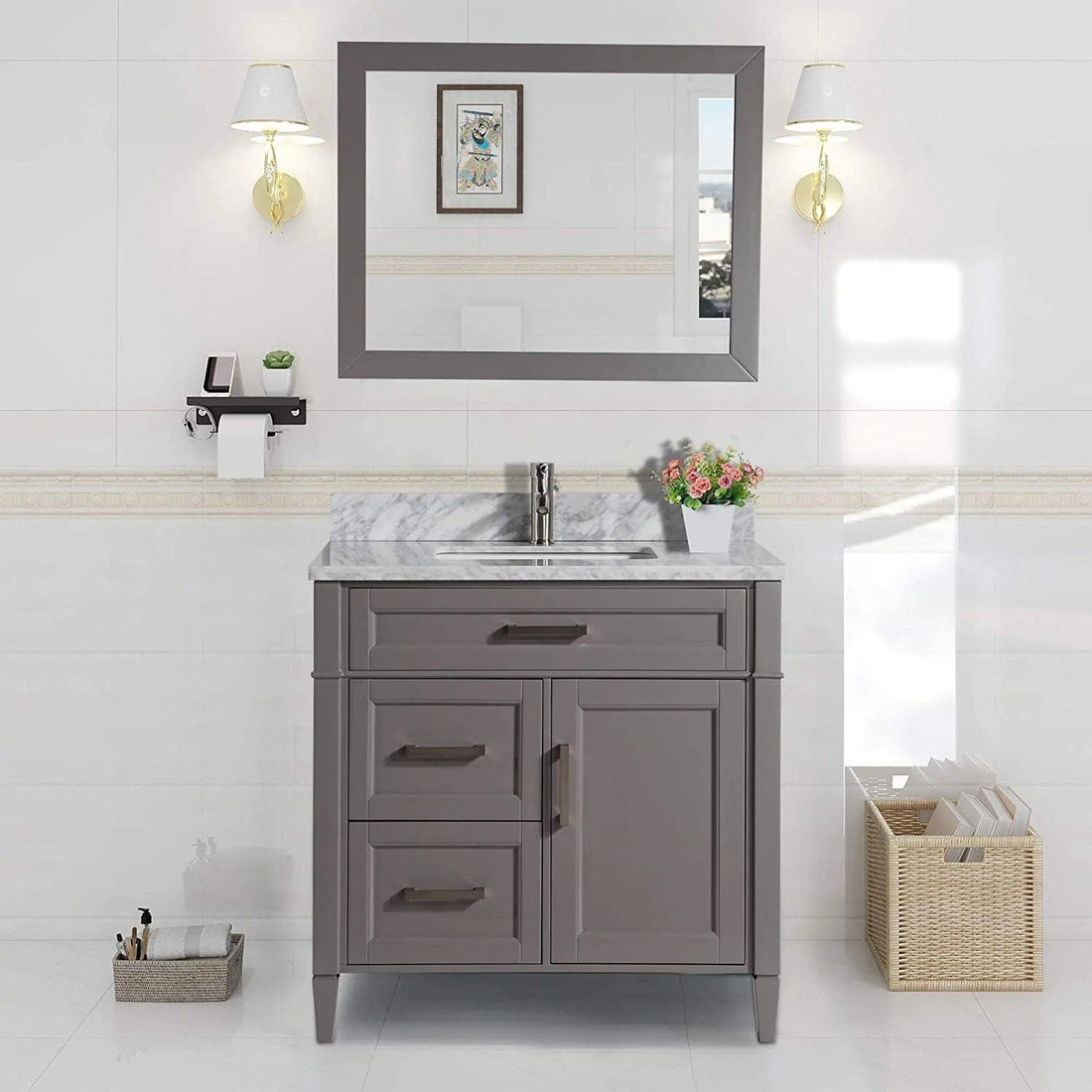 36 in. Single Sink Bathroom Vanity Set in Gray,Carrara Marble Stone Top