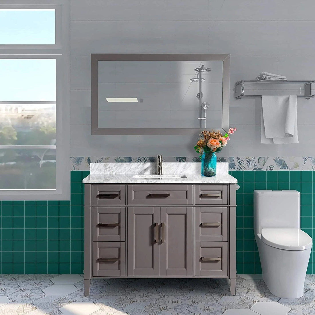 48 in. Single Sink Bathroom Vanity Set in Gray,Carrara Marble Stone Top