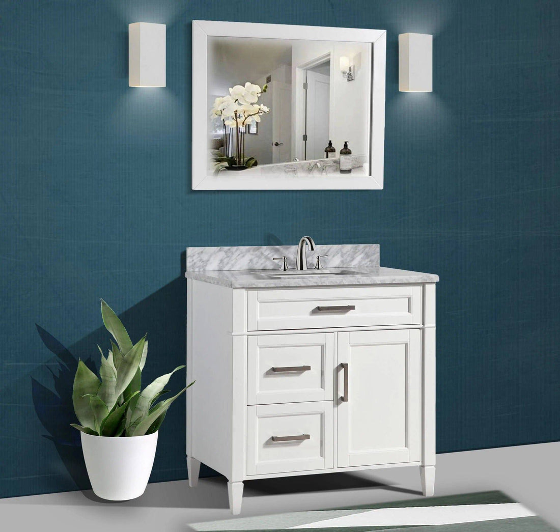 36 in. Single Sink Bathroom Vanity Set in White,Carrara Marble Stone Top