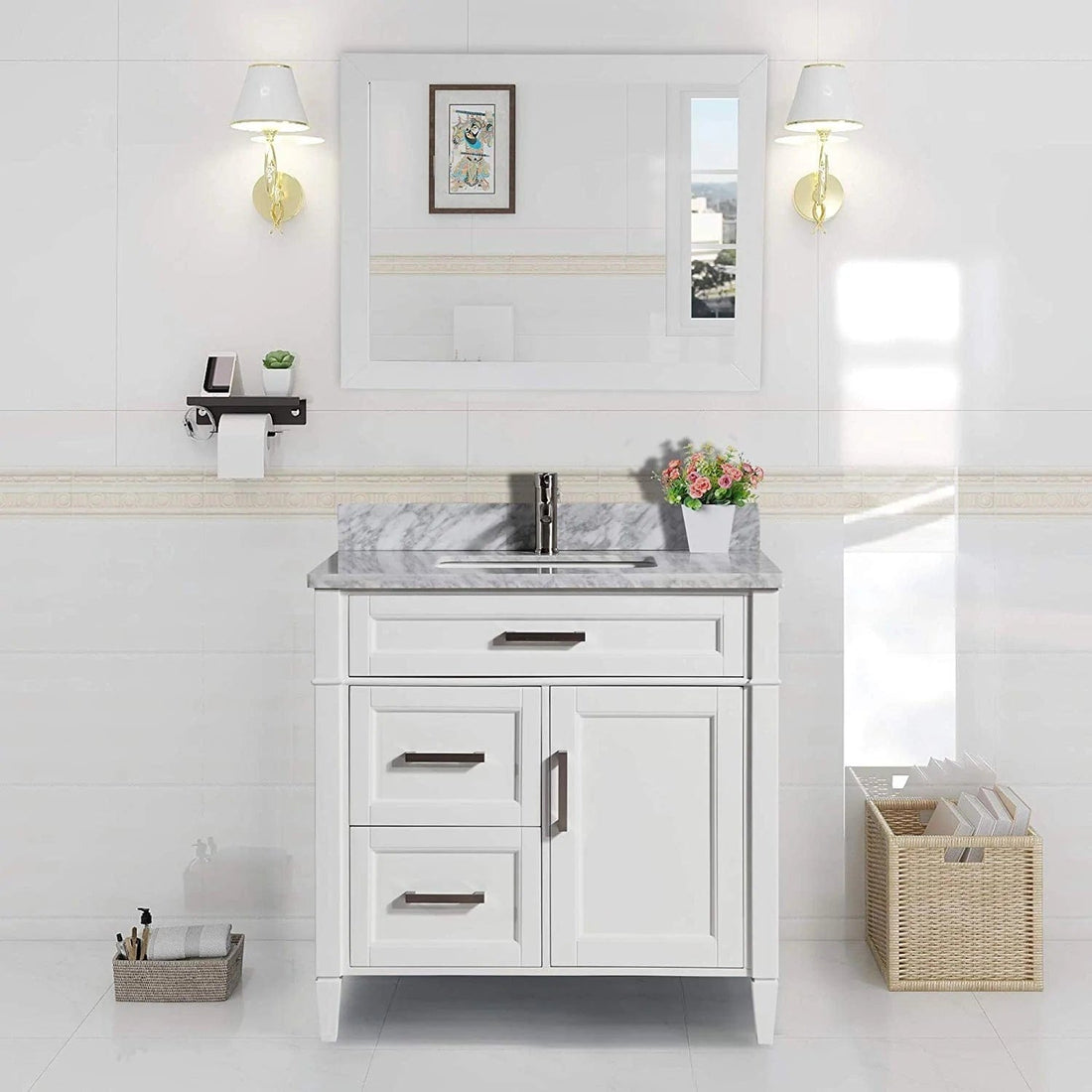36 in. Single Sink Bathroom Vanity Set in White,Carrara Marble Stone Top
