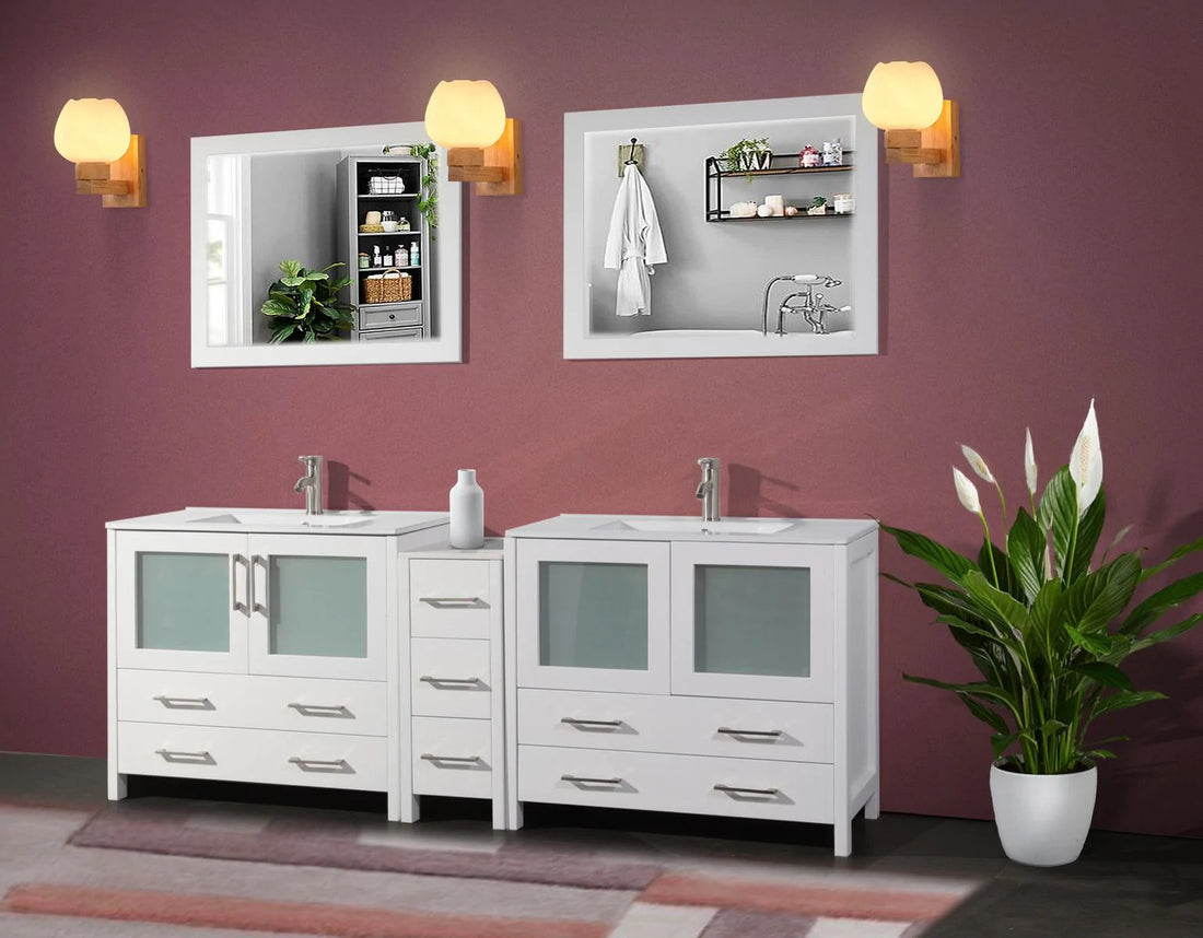 84 in. Double Sink Modern Bathroom Vanity Compact Set in White - Decohub Home