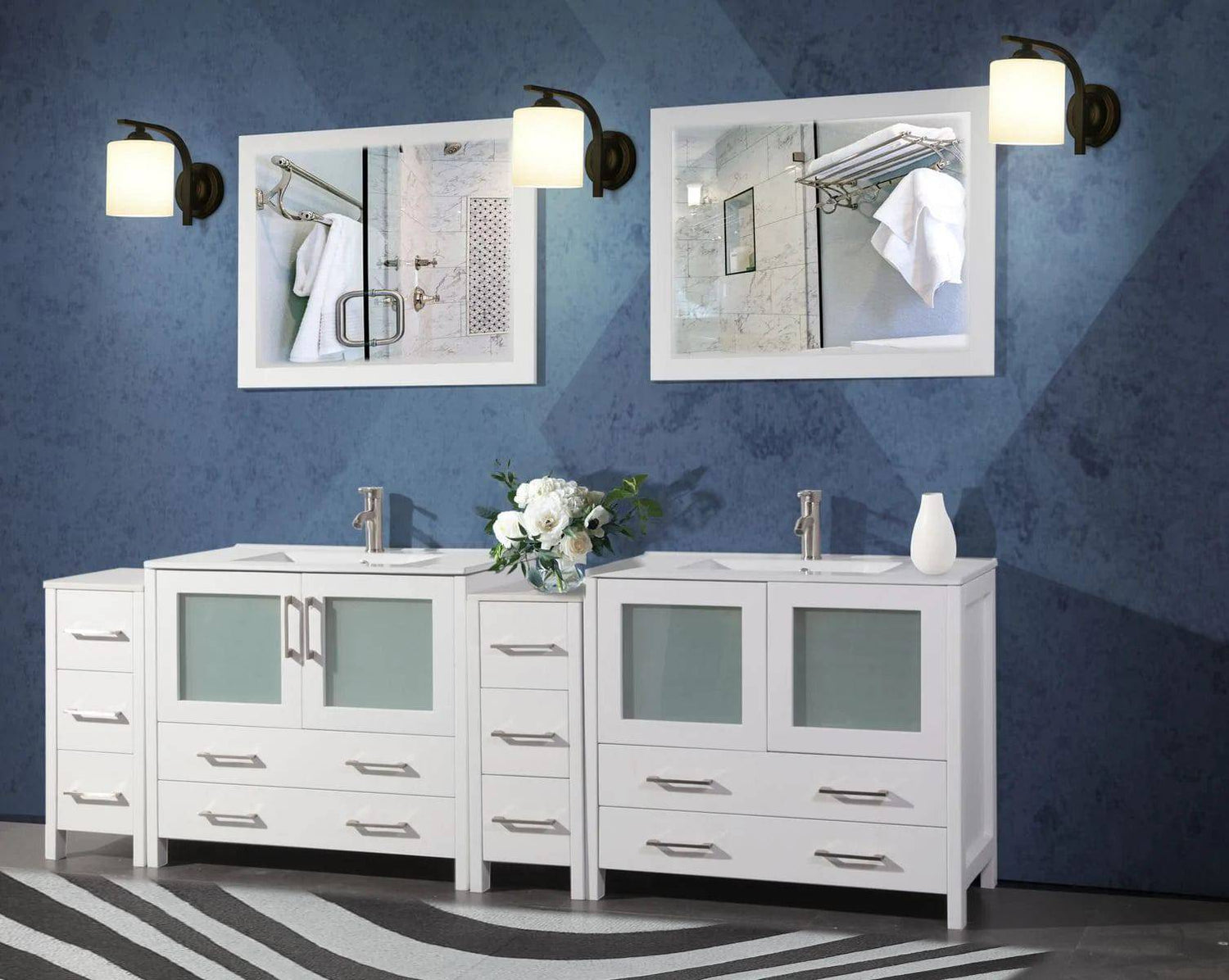 96 in. Double Sink Modern Bathroom Vanity Compact Set in White