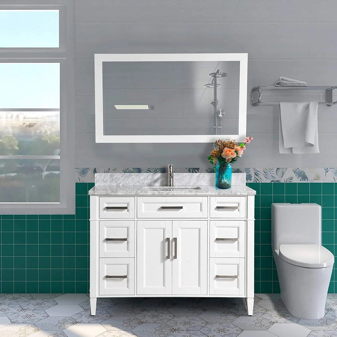 48 in. Single Sink Bathroom Vanity Set in White,Carrara Marble Stone Top