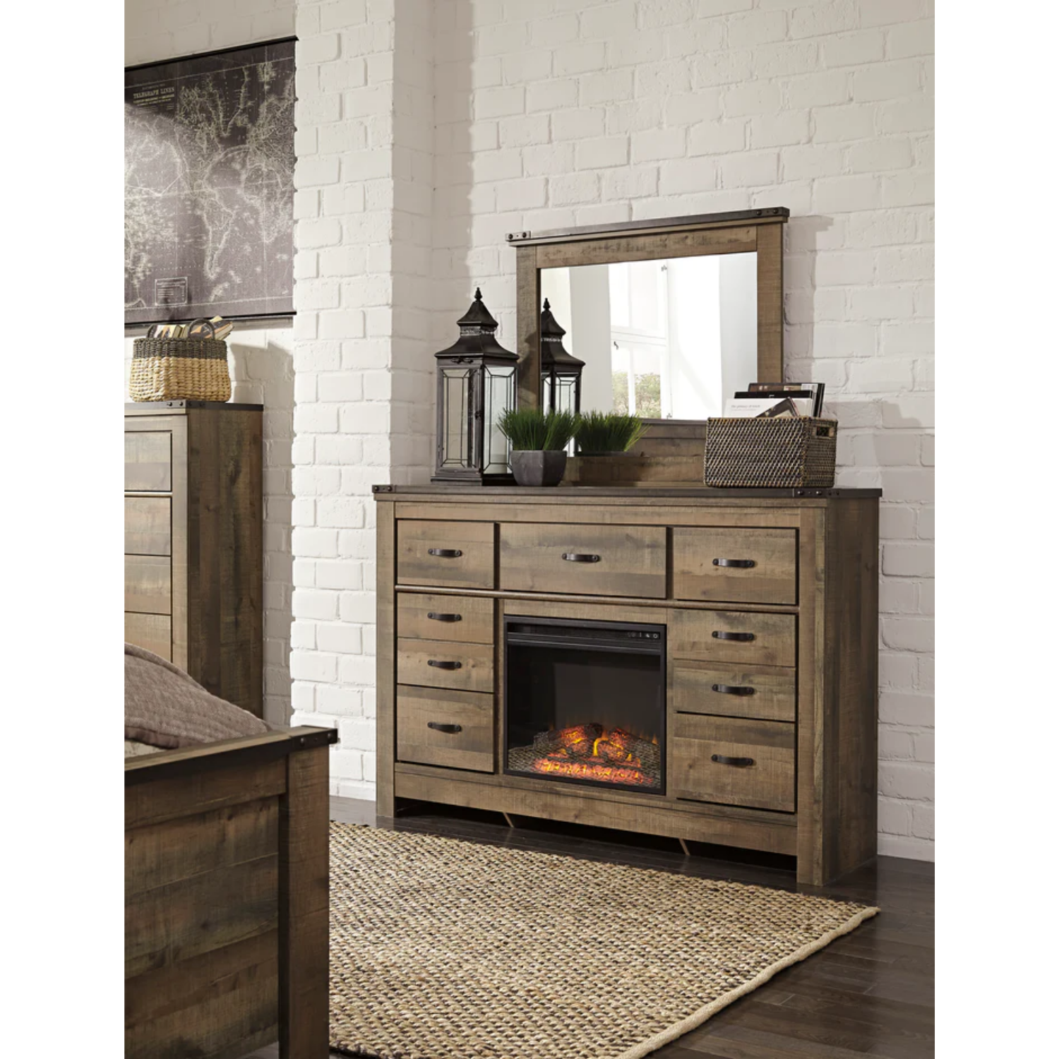 Trinell Brown Poster Bedroom Set with Fireplace Option