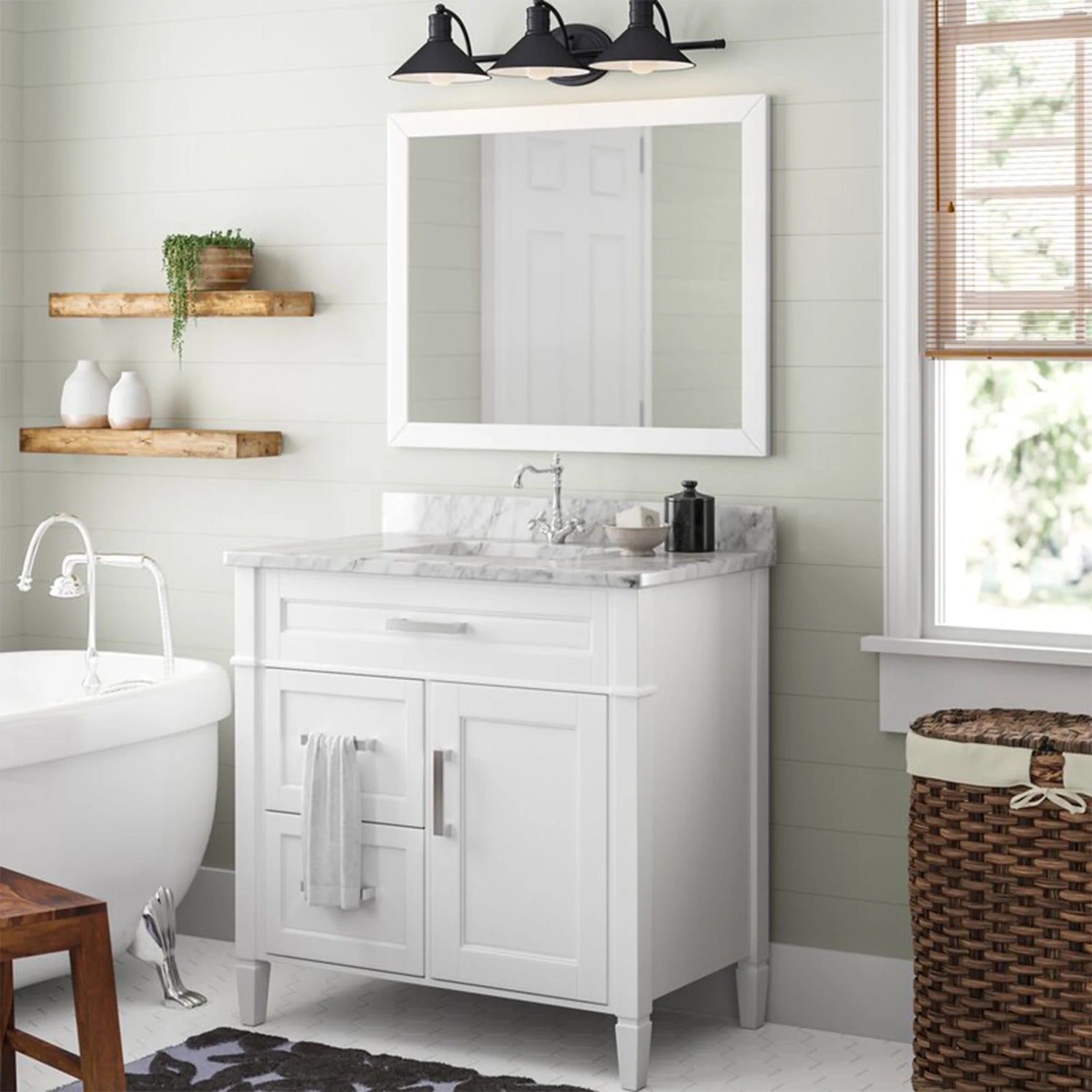 36 in. Single Sink Bathroom Vanity Set in White,Carrara Marble Stone Top - Decohub Home
