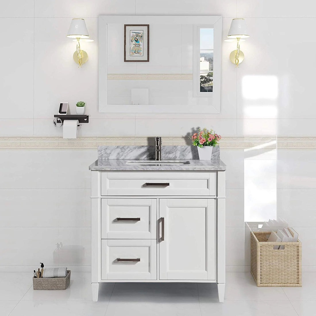 36 in. Single Sink Bathroom Vanity Set in White,Carrara Marble Stone Top - Decohub Home