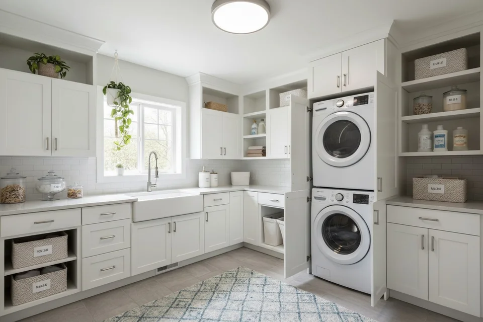 White laundry room cabinets, folding counter and stacked washer and dryer