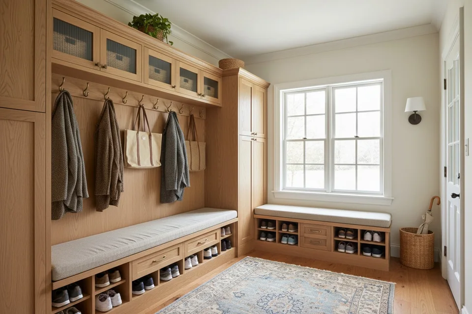 Wood entryway cabinetry with hooks, a bench and shoe storage
