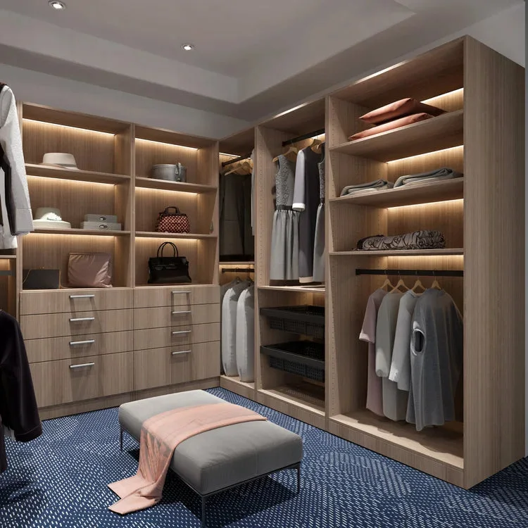 Walk-in closet with illuminated wood shelves, hanging rails and drawers