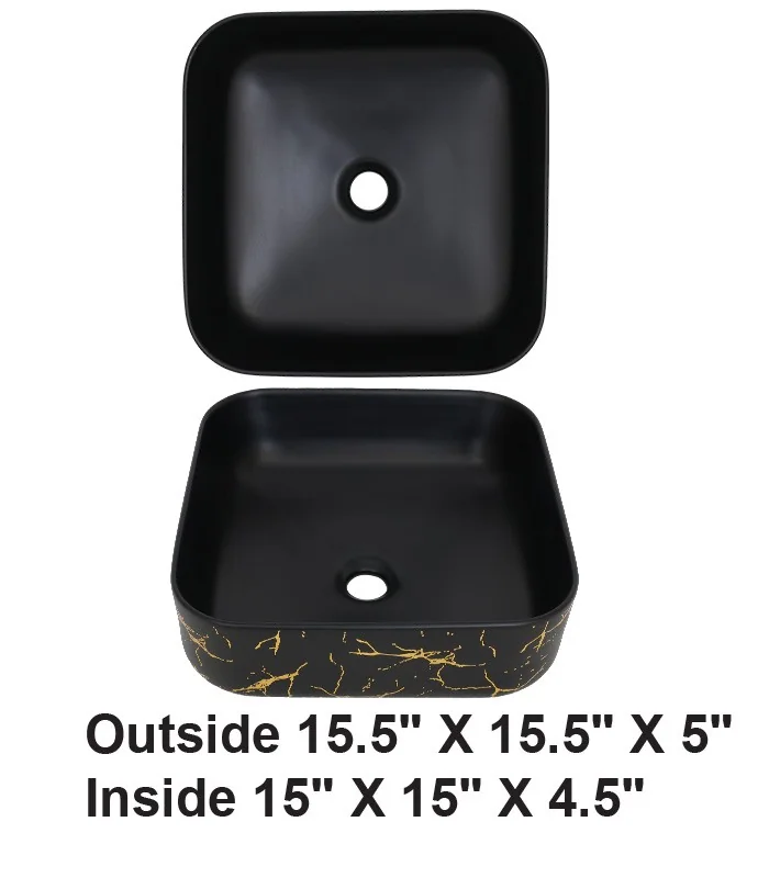 Above Counter Vessel Ceramic Sink Black and Gold Marble Design