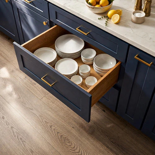 Open navy cabinet drawer organized with white dinnerware