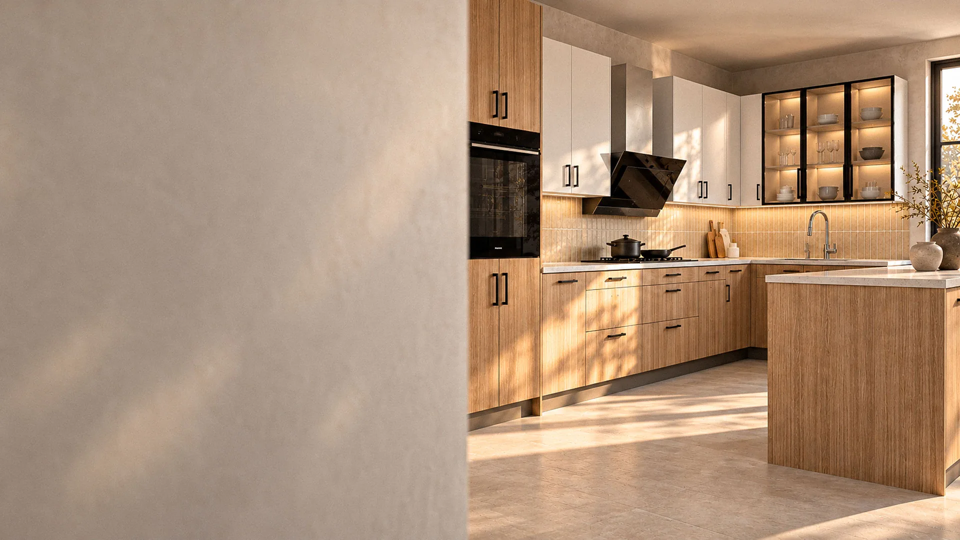 Kitchen design visualization with oak base cabinets, white upper cabinets and a glass display cabinet