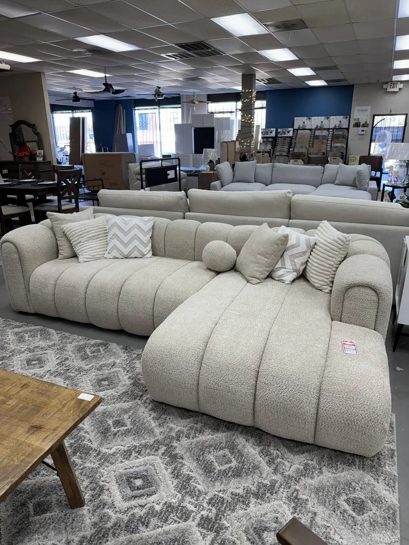 Furniture displays and material samples inside the Decohub showroom
