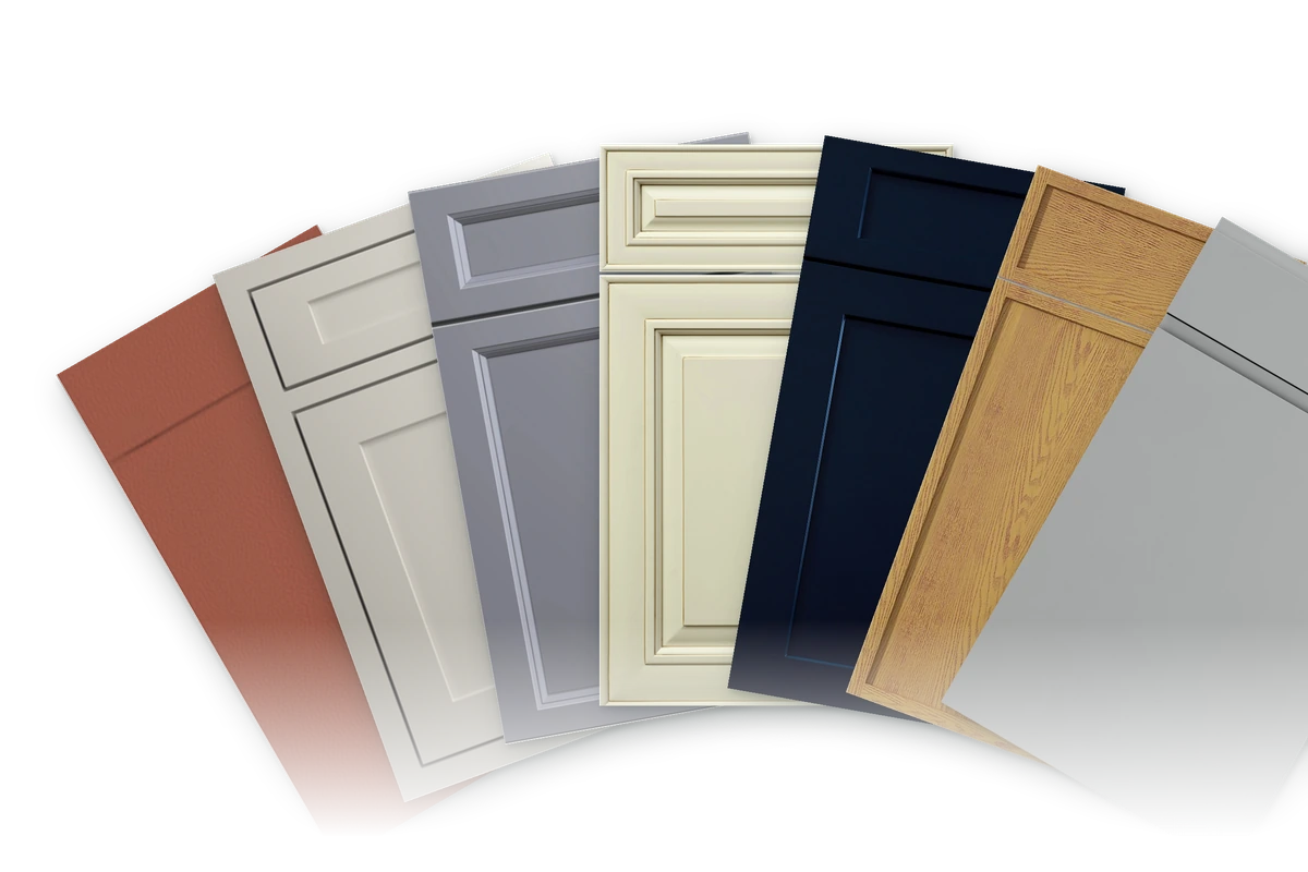Seven cabinet door styles arranged in an arc, with terracotta, neutral, blue and natural oak finishes.