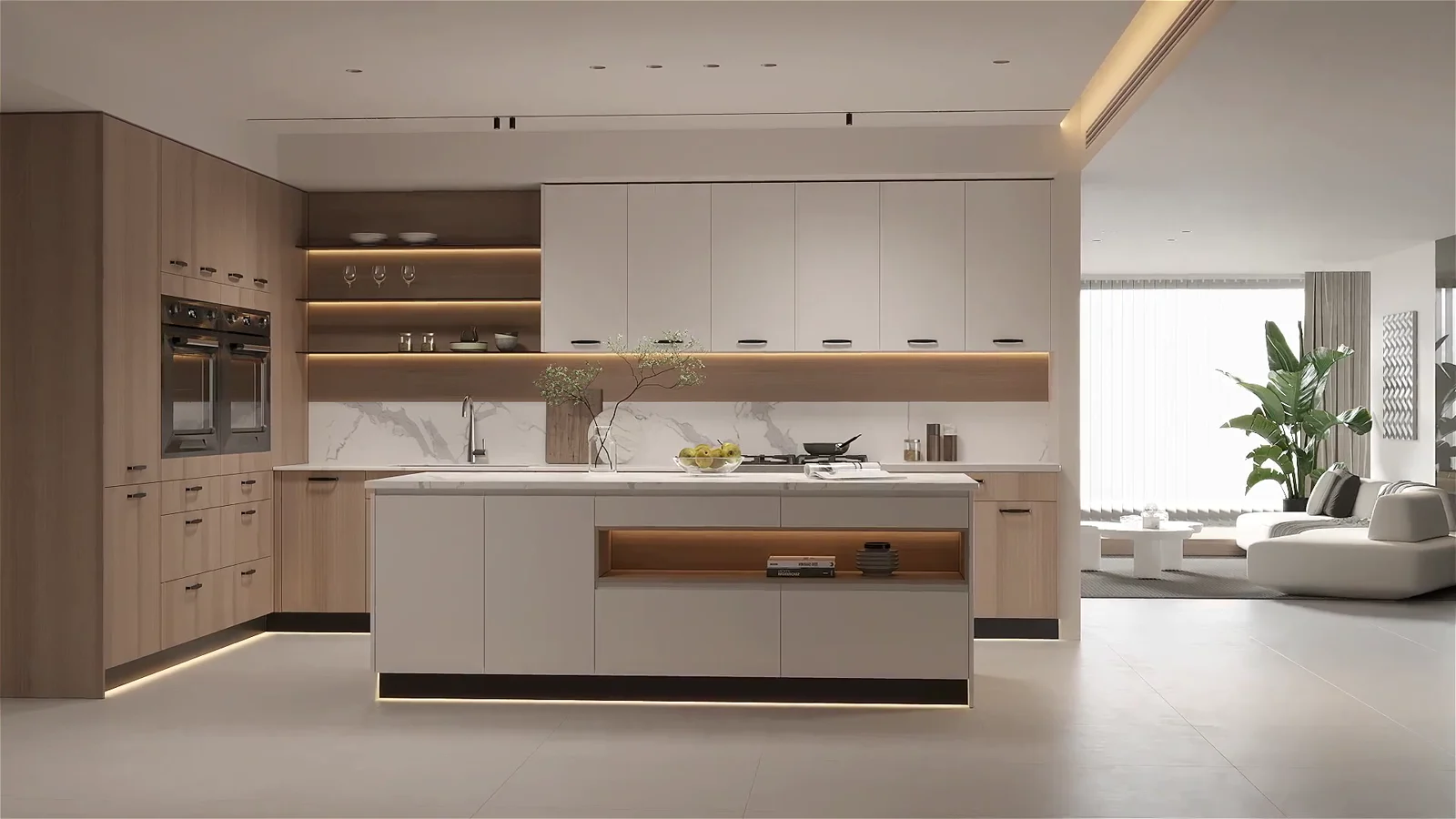 Warm wood-tone kitchen with an island