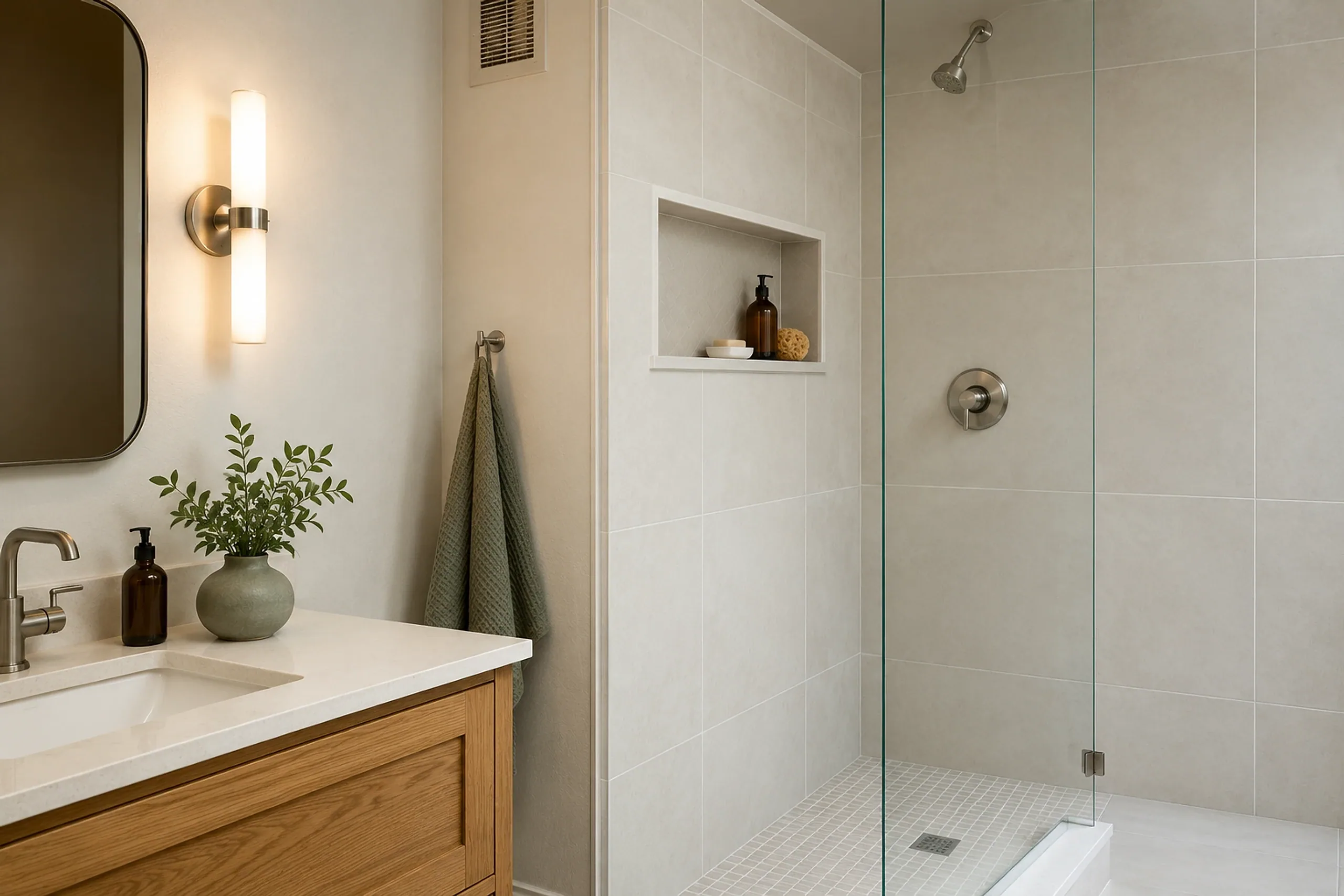 Compact bathroom with layered vanity and shower lighting
