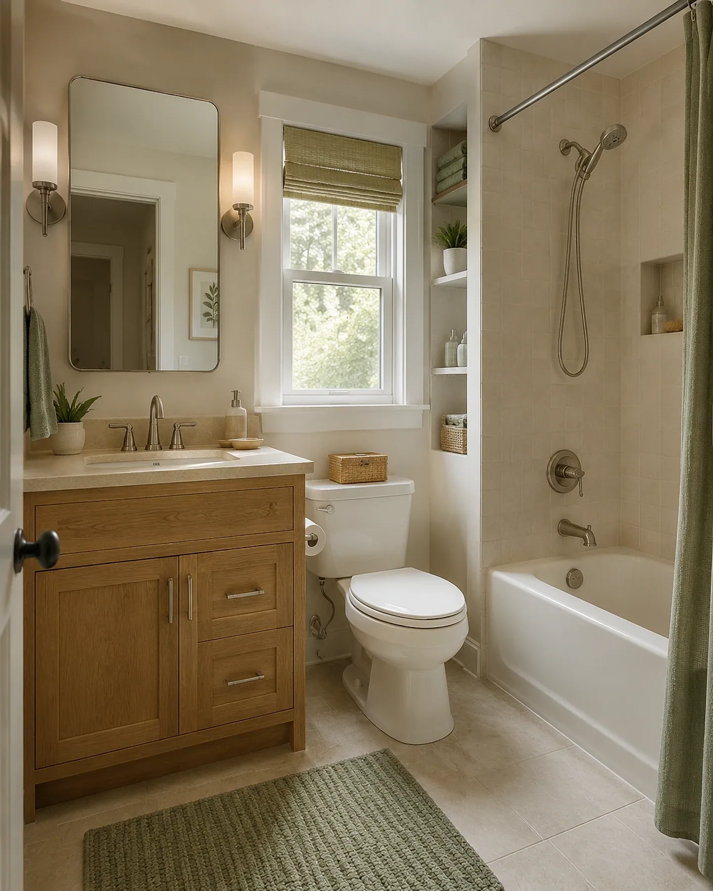 Compact bathroom with an oak vanity and tub shower