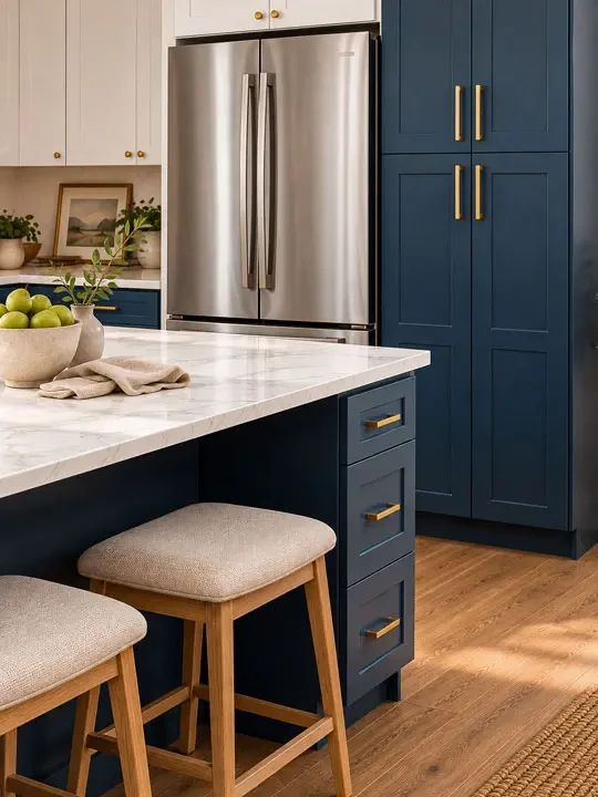 Navy blue kitchen cabinetry with brass hardware, stainless refrigerator, and marble-look island