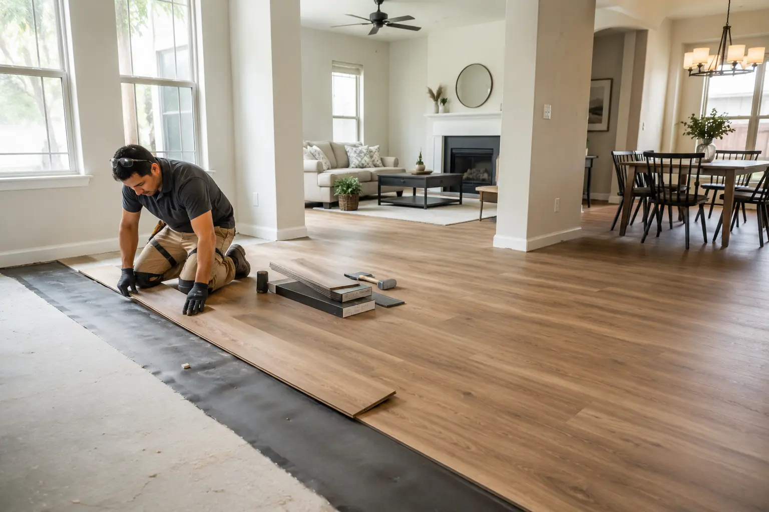 Professional installer completing wood-look flooring across connected living spaces