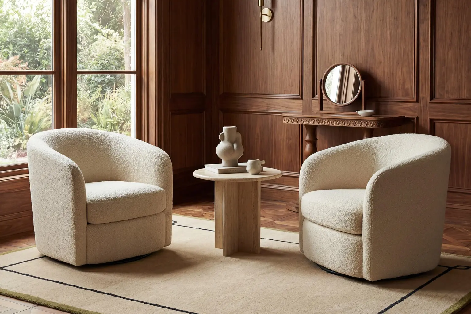 Ashley Serge bordered wool rug anchoring a warm contemporary sitting room