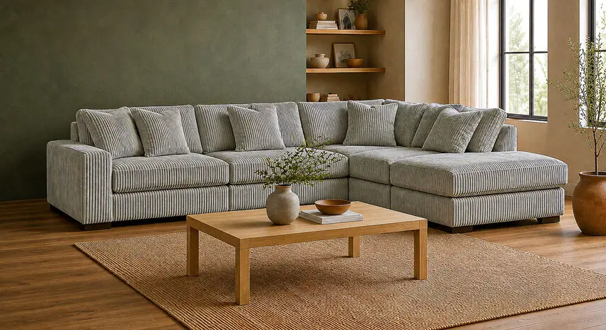 Light gray jumbo corduroy sectional in a warm contemporary living room