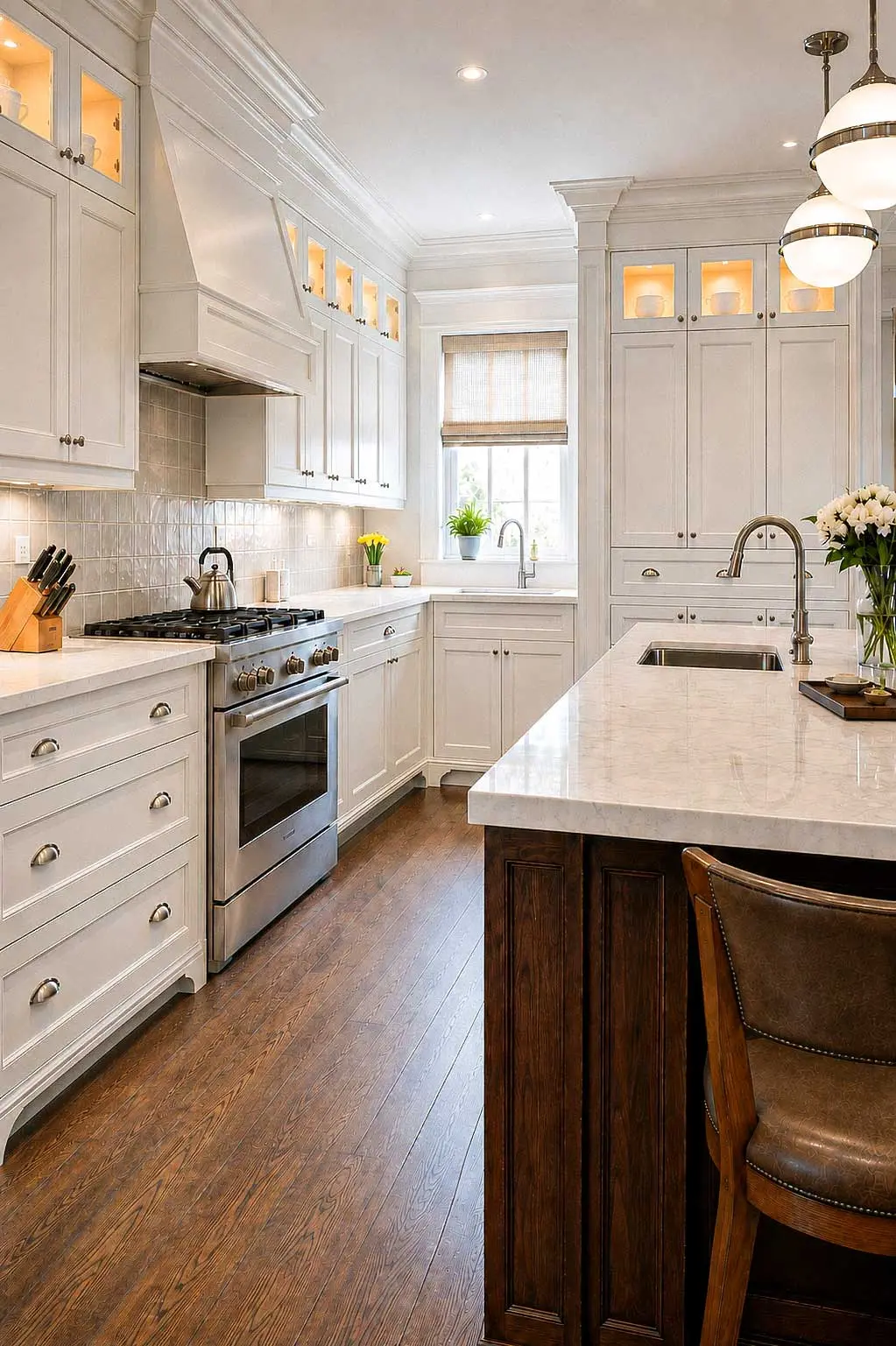 Warm white kitchen with custom cabinetry, a stainless range, and a dark wood island
