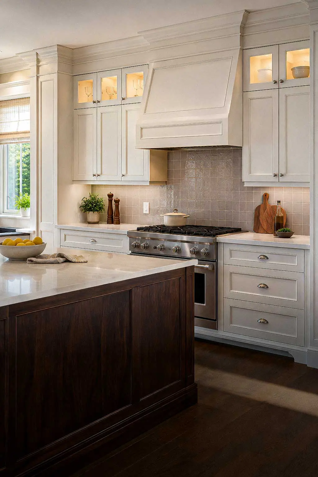 Warm white kitchen cabinetry with a stainless range and dark wood island