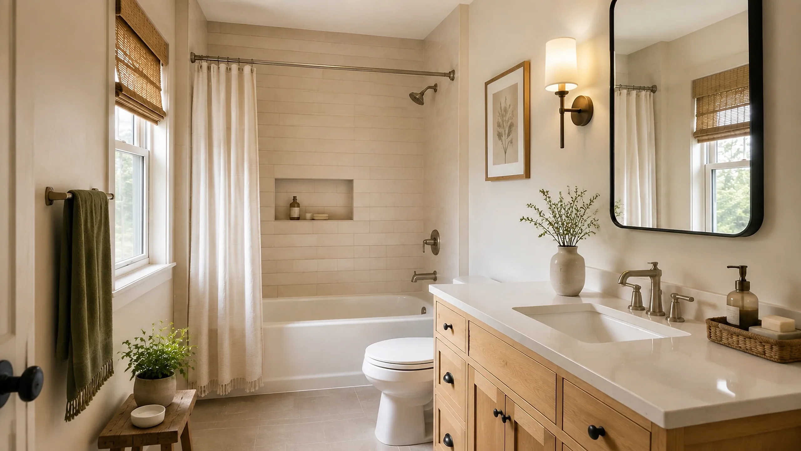Light-filled bathroom with an oak vanity and warm white finishes
