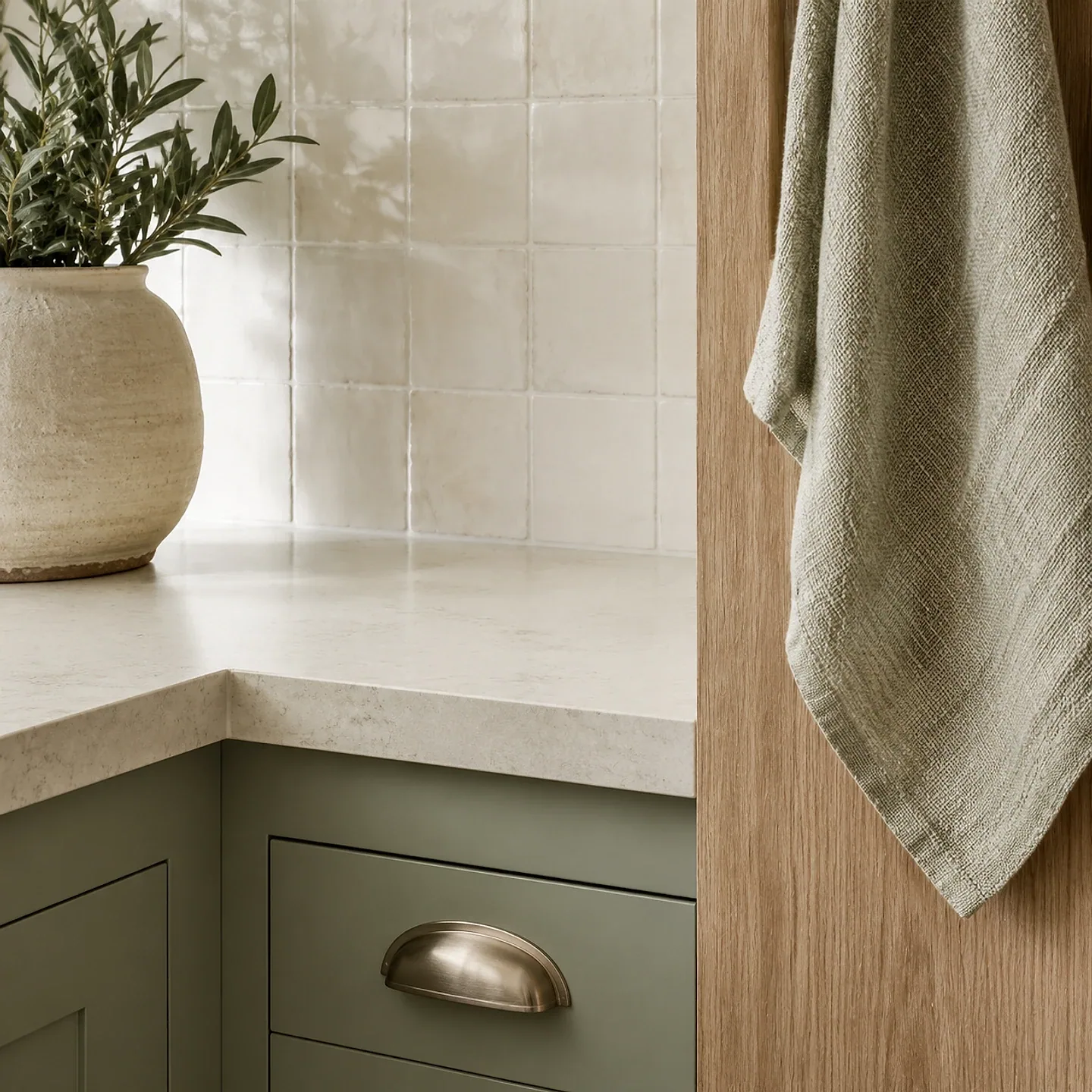 Sage cabinetry, pale counter, oak, tile, and textile detail