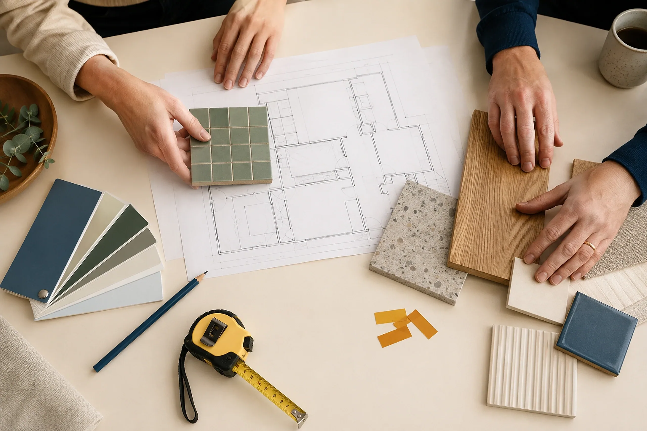 Hands comparing tile, cabinet, paint, and countertop samples over a room plan