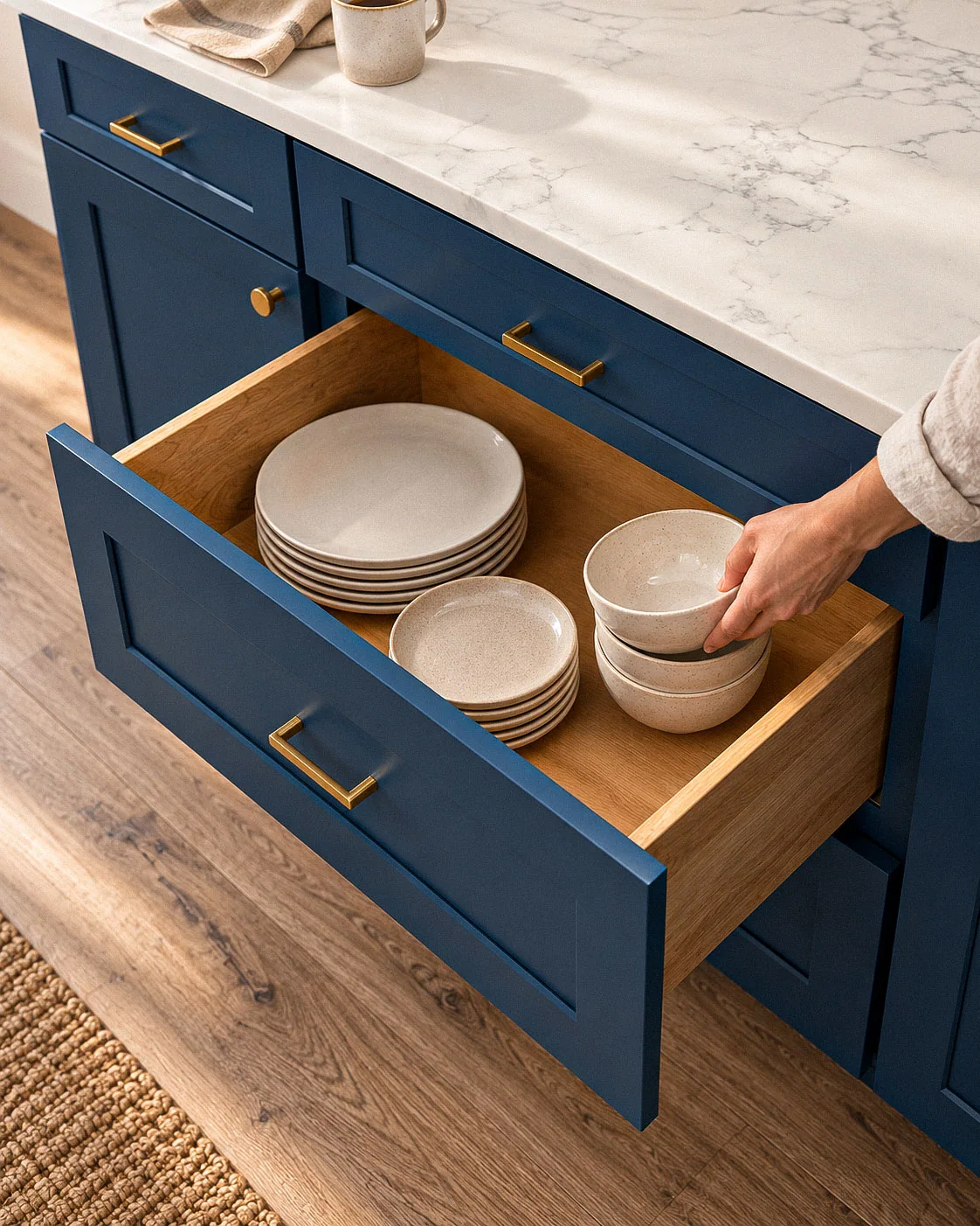 Deep navy cabinet drawer with wooden interior holding plates and bowls