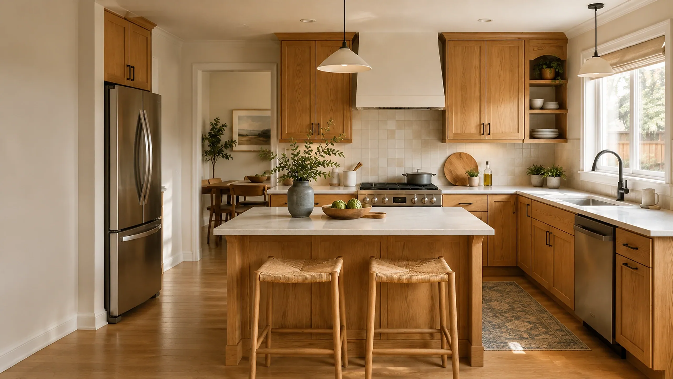 Warm oak kitchen with an island, organized storage, and natural light