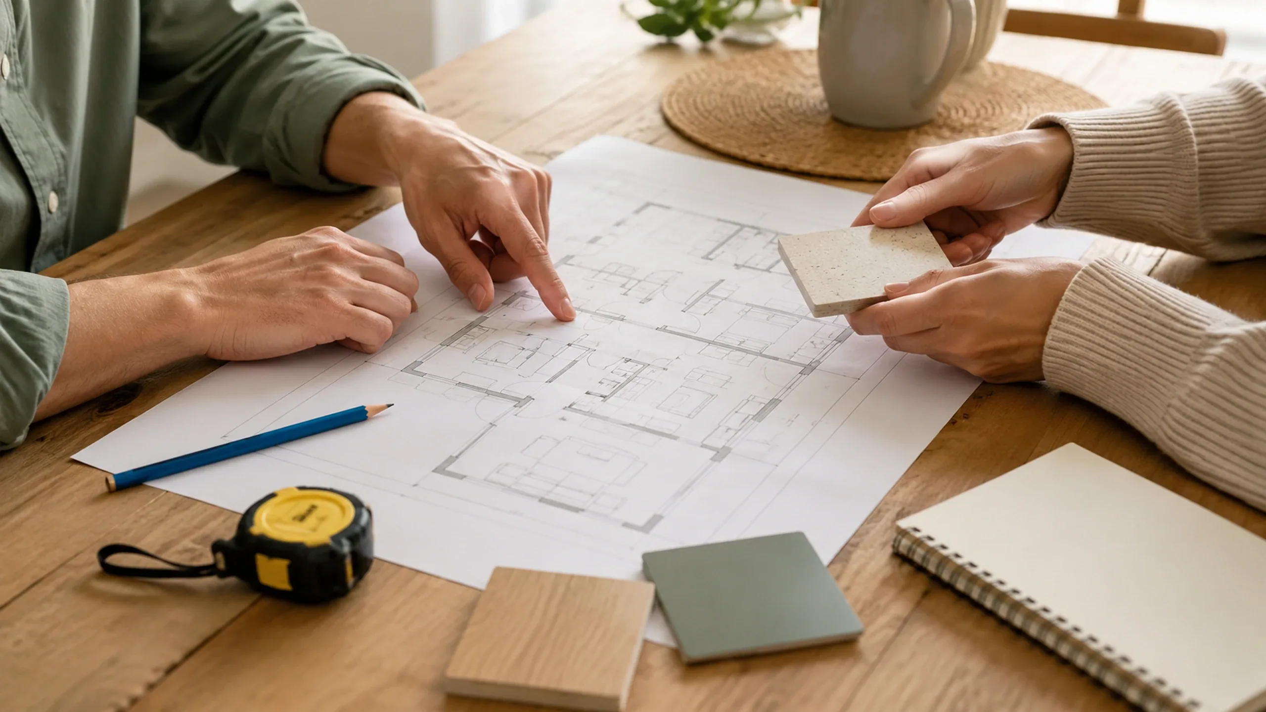 Designer and homeowner reviewing a remodeling plan and samples