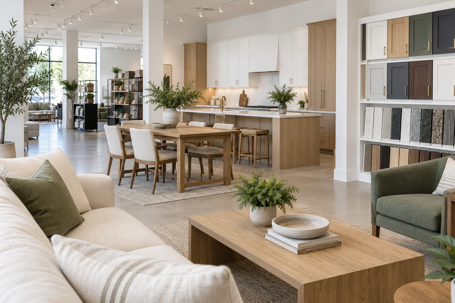 Furniture, kitchen cabinetry, and material samples arranged in a bright showroom