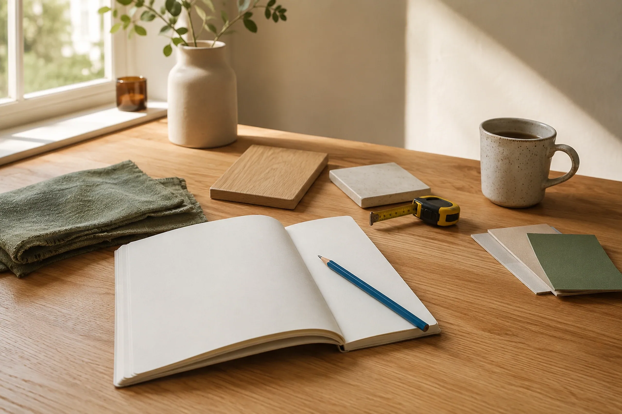 Design worktable with sketchbook, measuring tape, and material samples