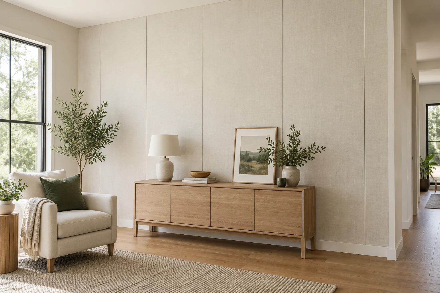 Linen-textured wall panels with vertical joints behind an oak console and cream armchair